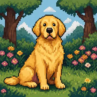 A golden retriever sitting in a garden, rendered in pixel ar