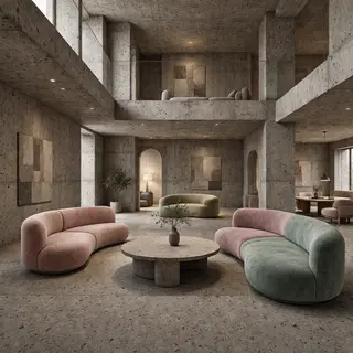 An interior scene rendered in soft brutalism — raw concrete 