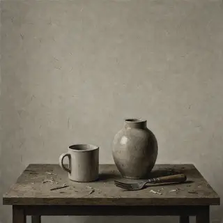 A still life painted in anxious minimalism — sparse composit
