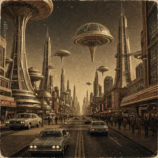 A cityscape rendered in nostalgic futurism — retro-futuristi