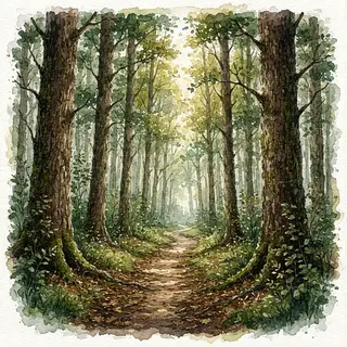 A forest rendered in photorealistic watercolor — the detail 