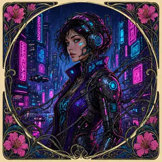 A woman in a futuristic city rendered in cyberpunk Art Nouve