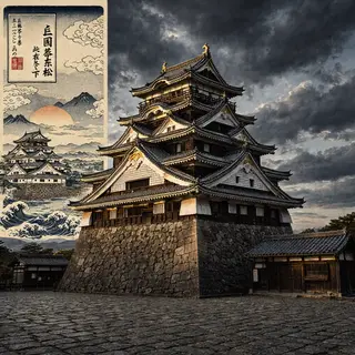 A medieval castle depicted in Japanese ukiyo-e woodblock pri
