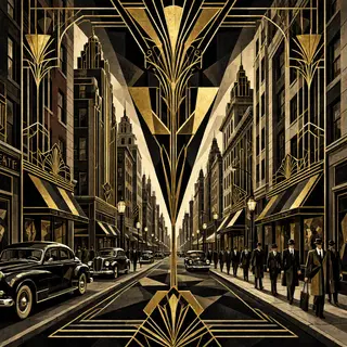 A city street scene in the style of Art Deco — geometric sha