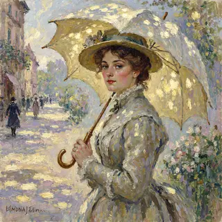 A woman with a parasol in the style of Impressionism — soft 