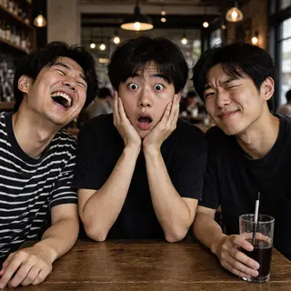 A group of three friends at a table: one laughing with head 