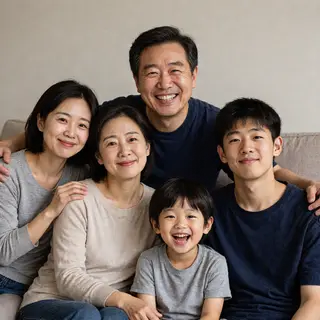 A family photo with four people: a father beaming with pride