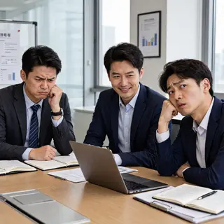 Three coworkers in a meeting: one looking frustrated with fu