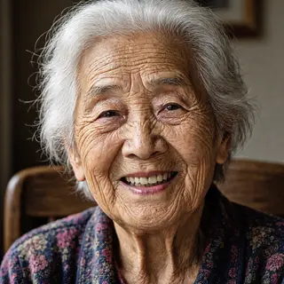 An elderly woman in her 80s with deep wrinkles and white hai
