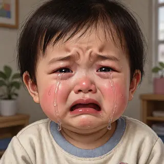 A 5-year-old child with round cheeks and large eyes, crying 
