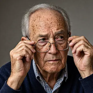 An elderly man in his 70s with age spots and thinning gray h