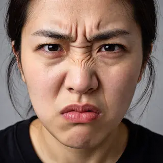 A close-up of a person's face showing clear disgust, nose wr