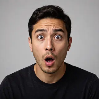 A portrait capturing genuine surprise — raised eyebrows, wid
