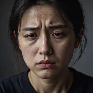 A face showing quiet melancholy — downcast eyes, slightly dr