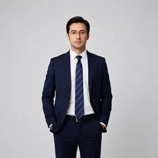 A man standing straight facing the camera, hands in pockets,