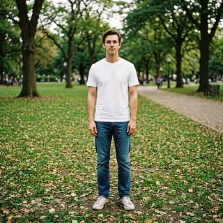 A person standing in a neutral pose in a park, full body vis