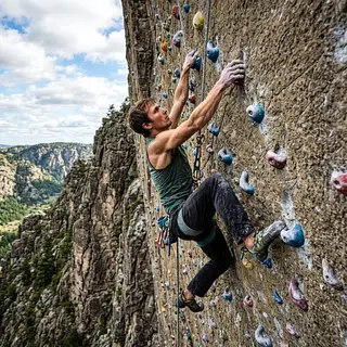 A rock climber clinging to a cliff face with arms and legs e