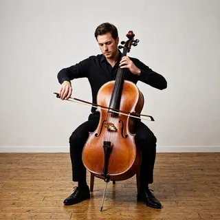 A cellist seated with correct posture, legs around the instr