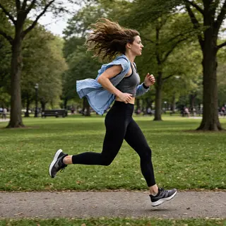 A woman mid-stride running through a park, hair and clothes 