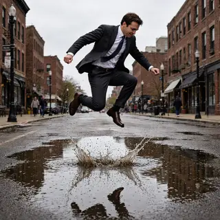 A man captured mid-jump over a puddle, body in the air with 