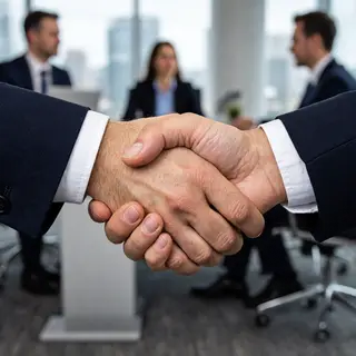 Two people shaking hands in a professional setting, all fing