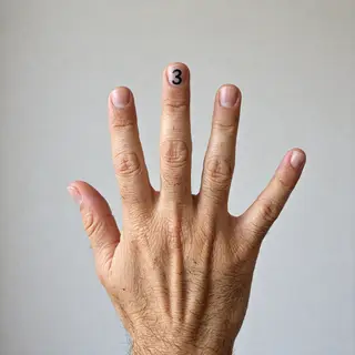 A person counting to three on their fingers, with index, mid