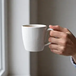 A person holding a white ceramic coffee mug by the handle wi