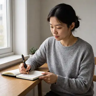 A woman writing in a notebook with a pen gripped correctly i