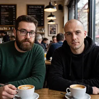 Two men at a cafe: one with a beard and glasses wearing a gr
