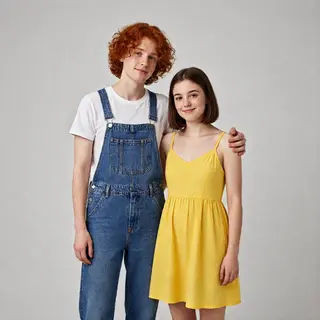 Two friends posing: one tall with curly red hair in denim ov