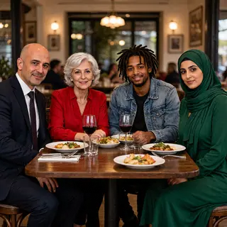 Four people at a dinner table: a bald man in a suit, a woman