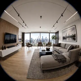 A wide-angle shot of a modern living room interior showing e