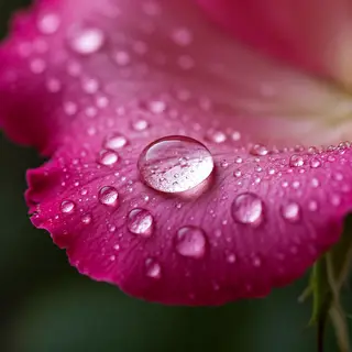 A close-up macro shot of a single dewdrop on a rose petal, s