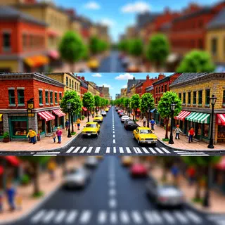 A tilt-shift photograph of a city street making real-life lo