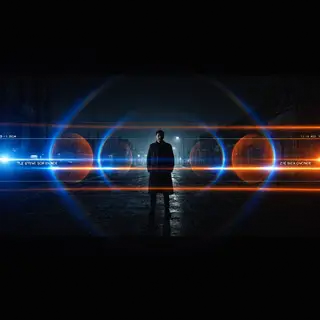 A cinematic frame with blue and orange anamorphic lens flare