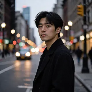 A street photograph with shallow depth of field as if shot a