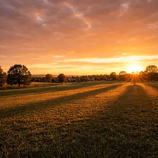 A landscape photograph bathed in golden hour light — long wa