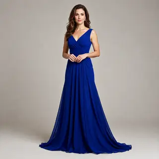 A woman wearing a royal blue evening dress against a neutral