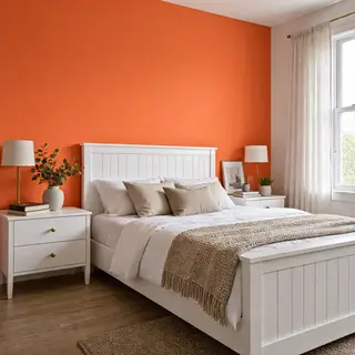 A bedroom wall painted in #FF6B35 (burnt orange) with white 