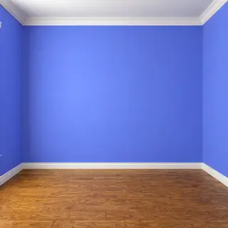 A room with walls in #4A90D9 (medium blue) with warm wooden 