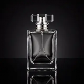 A clear glass perfume bottle on a reflective black surface w