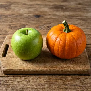 A green apple and an orange pumpkin on a wooden cutting boar