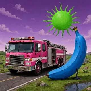 A pink fire truck, a blue banana, and a green sun in a surre
