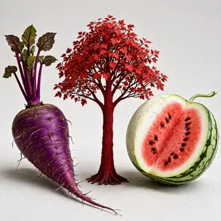 A purple carrot, a red tree with red leaves, and a white wat