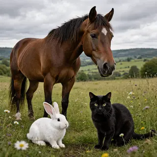 A big brown horse, a small white rabbit, and a medium-sized 