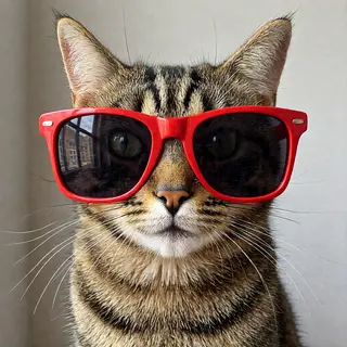 A tabby cat wearing oversized red sunglasses