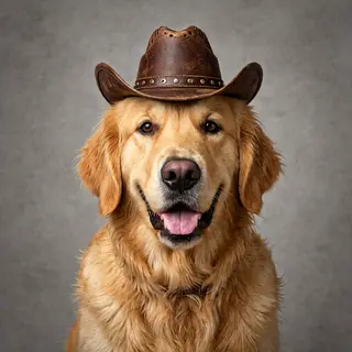A golden retriever wearing a tiny cowboy hat
