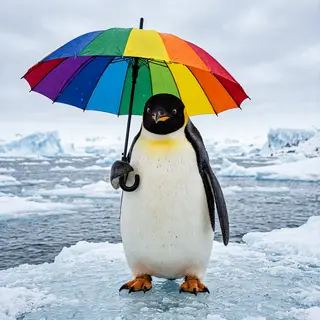 A penguin holding a colorful umbrella