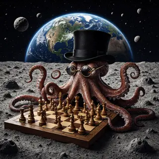An octopus wearing a top hat and monocle playing chess on th