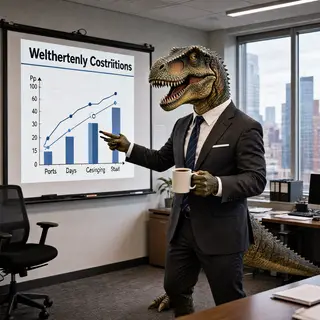 A dinosaur in a business suit giving a PowerPoint presentati